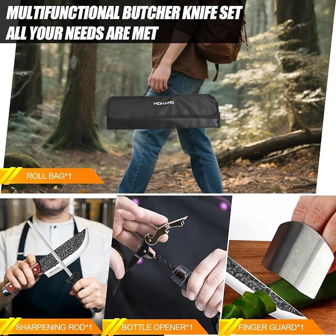 MDHAND Butcher Knife Set, Hand Forged Professional Chef Knife Set with Roll Bag, Sharp Meat Cleaver Knife & Bone Chopper Knives & Fillet Knife for Home Kitchen & Camping BBQ, Gifts for Men Women