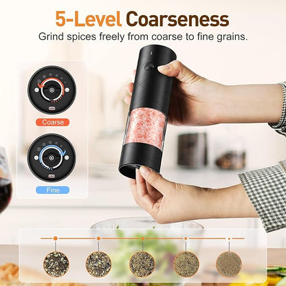 Rechargeable Salt and Pepper Grinder Set with LED Light, Adjustable Coarseness shakers, One-Hand Operation for Kitchen Appliances Christmas Gift Sets for Women(2 Pack Upgrade Black)