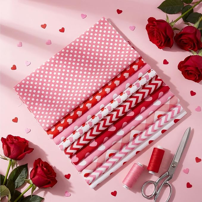 Tatuo 30 Pcs 10 x 10 Inches Valentine Cotton Fabric Bundle Squares Patchwork Pink Heart Fabric Sewing Quilting Bundles Assorted Pattern Cloth for DIY Scrapbook Craft Making