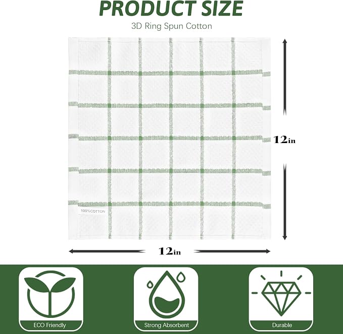 Nialnant 8 Pack Dish Cloths for Washing Dishes, 100% Cotton Reusable Cleaning Rag, Quick Drying Dish Towels for Kitchen,12x12 Inches,Green