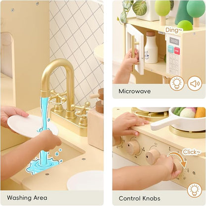 OOOK Wooden Pretend Play Kitchen Set with Storage System, Kids Play Kitchen with Plenty of Play Features, Toddler Kitchen Playset for Toddlers 3-5