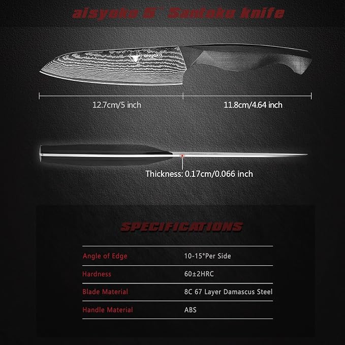 aisyoko Santoku Knife 5" inches-Japan 8C Super Steel 67 Layer Damascus Steel-Sharp Kitchen Knife-Full Tang ABS Anti-Skid Handle utility knife Cooking Knife with Luxury Gift Box