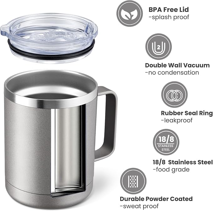 MEWAY 12oz Coffee Mug With Handle 2 Pack Bulk,Stainless Steel Insulated Travel Tumblers With Sliding Lid,Double Wall Vacuum Camping Cup for Hot & Cold Drinks Tea (Cold Grey,Set of 2)