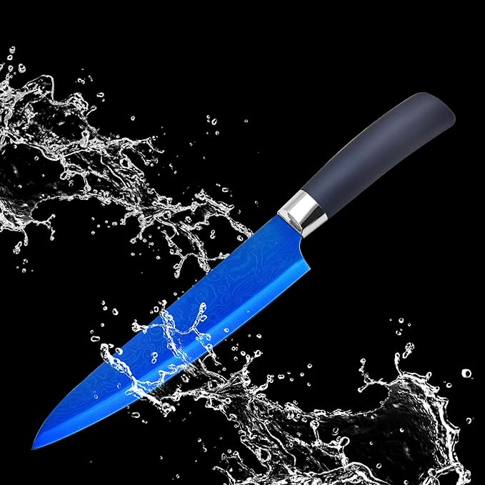 Knife Set, Kitchen Non Stick Knives Set with Block Thick Blade Cutlery Knife Block Sets with Sharpener 6pcs Steak Knife Shears Chef Sharp Quality Aluminum Alloy Block Blue Handle and Blade