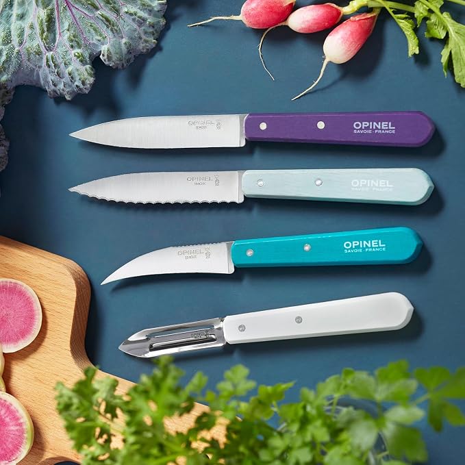 OPINEL Les Essentials - Small Kitchen 4 Piece Knife Set - Paring, Serrated, Peeler, Vegetable Knife, Corrosion Resistant High Carbon Steel, Made in France (Art Deco)