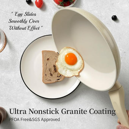 Frying Pan Set with Lids - Nonstick Frying Pan of 3, Non Stick Granite Cookware Set, Induction Egg Omelette Cooking Skillet W/Lid, Healthy No Toxic Cookware, PFOA Free
