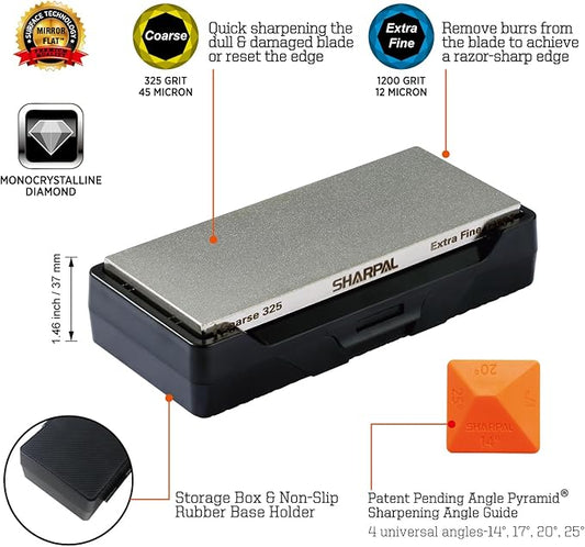 SHARPAL 156N Double-sided Diamond Sharpening Stone Whetstone Knife Sharpener | Coarse 325 / Extra Fine 1200 Grit | Storage Case with NonSlip Base & Angle Guide (6 in. x 2.5 in.) Fathers Day Gift