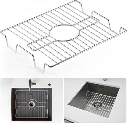DecorRack Sink Protector for Kitchen Sink, 16" x 13" Metal Dish Drying Rack, Grate with Center Drain, Protects from Stains, Scratches, Dishwasher Safe, Large Size (1 Pack, Chrome)
