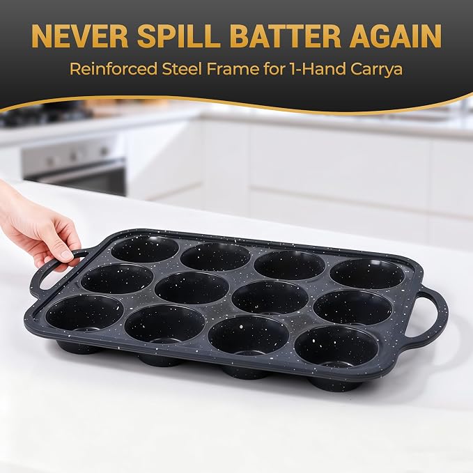 12-Cup Silicone Muffin Pans for Baking, Black with White Dots, Non-Stick with Reinforced Steel Frame for Stability, BPA-Free Bakeware