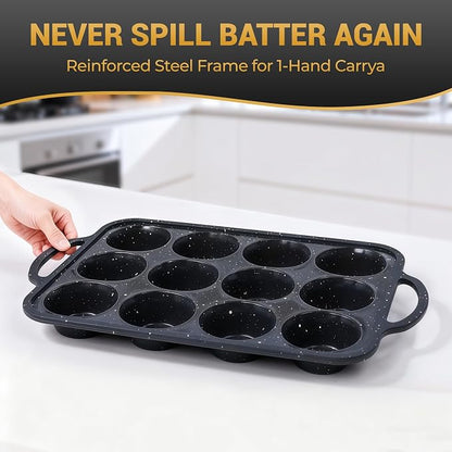 12-Cup Silicone Muffin Pans for Baking, Black with White Dots, Non-Stick with Reinforced Steel Frame for Stability, BPA-Free Bakeware