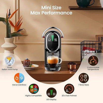Magician1 Mini Espresso Machine for Nespresso Original, Dolce Gusto, Lavazza Blue, ESE Pods, 19-Bar Coffee Machine for Ground Coffee, Coffee Maker with adjustable Temp & Cup Size, 21oz Reservoir