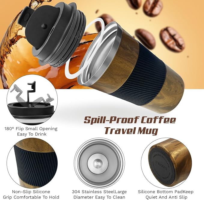 SPLMIFA Vacuum Insulated Stainless Steel Travel Coffee Mug with Lid, Leak-Proof Reusable Thermal Cup Keeps Drinks Hot & Cold for Hours, Durable Portable Tumbler for Men & Women (3rd-Wood Grain, 12OZ)