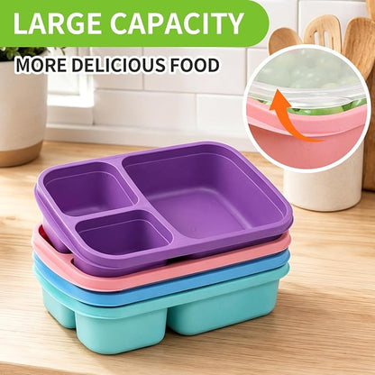 buluker 4 Pack Bento Lunch Box Set 3 Compartment Food Storage Containers Wheat Straw Meal Prep Lunch Box Plastic Food Storage Containers, Microwave and Dishwasher Safe (Vivid Colors)