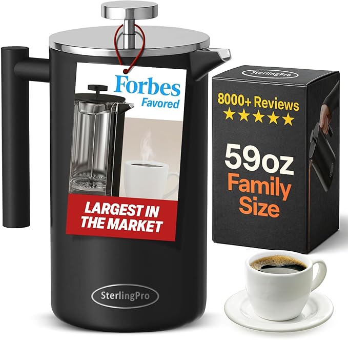 SterlingPro Extra Large Insulated Stainless Steel French Press Coffee Maker 59oz – Insulated Metal XL Double Wall Coffee Maker | Plastic Free | Cool-Touch | Black Finish | Makes up to 16 cups / 8 mugs