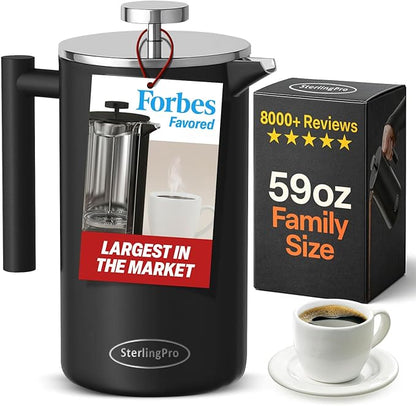 SterlingPro Extra Large Insulated Stainless Steel French Press Coffee Maker 59oz – Insulated Metal XL Double Wall Coffee Maker | Plastic Free | Cool-Touch | Black Finish | Makes up to 16 cups / 8 mugs
