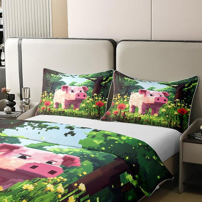 Full Size Duvet Cover Set Pink Pig Comforter Cover Set 100% Pure Cotton Pixelated Style Floral Duvet Cover Set (No Filler) Cartoon Animals Bedding Set 3 Pcs