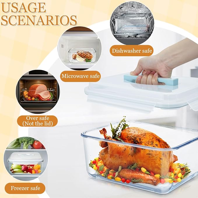 6000ml / 200oz / 26 Cup Large Glass Food Storage Container with Airtight Snap Lids Extra Large Borosilicate Glass Meal Prep Container for Roasting Turkey,Rotisserie Chicken,Baking Casserole,Oven Safe