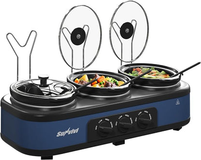 SUNVIVI Triple Slow Cooker Food Warmer 3 x 2.5 Quart, Triple Buffet Server with Removable Ceramic Pots, Adjustable Heat Control, Slow Cooker Buffet Server with Lid Rests & Serving Spoons, Dark Blue