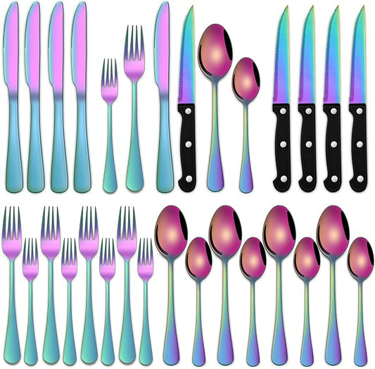 Rainbow 24 Pieces Stainless Steel Silverware Sets With Steak Knives Service For 4,Colorful Eating Utensils Set Includes Knife Spoon Fork For Kitchen Flatware Sets