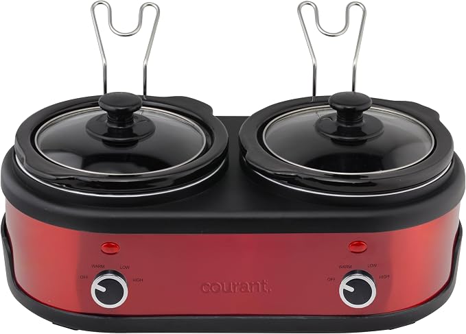 Courant 3.2-Quart Double Slow Cooker (1.6-Qt each) w/Warm Settings, Stainproof Stoneware Pots and Glass Lids – Red Stainless Steel