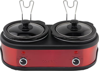 Courant 3.2-Quart Double Slow Cooker (1.6-Qt each) w/Warm Settings, Stainproof Stoneware Pots and Glass Lids – Red Stainless Steel