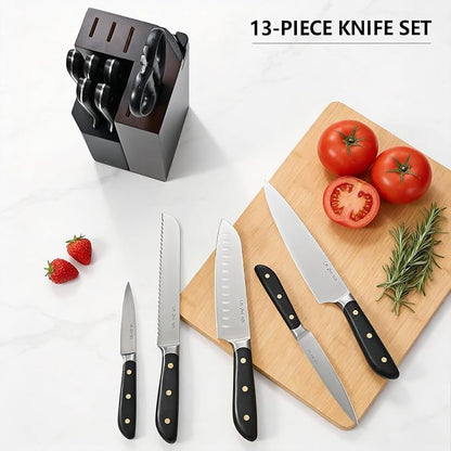 Kitchen Knife Set, 13 Pieces German Stainless Steel Knife Block Set for Chopping, Professional Chef Knife, Lightweight, Black Anti-slip Handle, Dishwasher Safe（black）