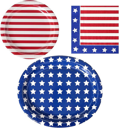 100 PCS Patriotic Paper Plates and Napkins | Bundle Includes Paper Oval Dinner Plates Dessert Plate and Napkins for 4th of July Independence Day Party Supplies