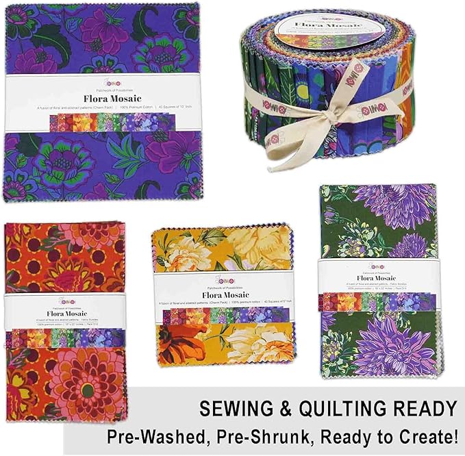 Soimoi 40Pcs 5" x 5" DIY Cotton Fabric Squares, 5" Layer Cake Fabric, Fabric Squares Bundles Patchwork, Pre-Cut Quilt Charm Pack, DIY Sewing Quarters Bundle, Quilting Fabric Bundles - Flora Mosaic