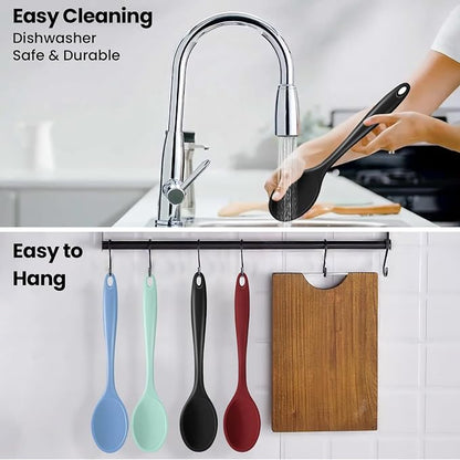 GEEKHOM Silicone Cooking Spoons, 2 Pieces 11" Heat Resistant Silicone Kitchen Utensils Set Large Serving Stirring Spoons for Non Stick Cooking, Mixing, Basting, Baking, Black+Red