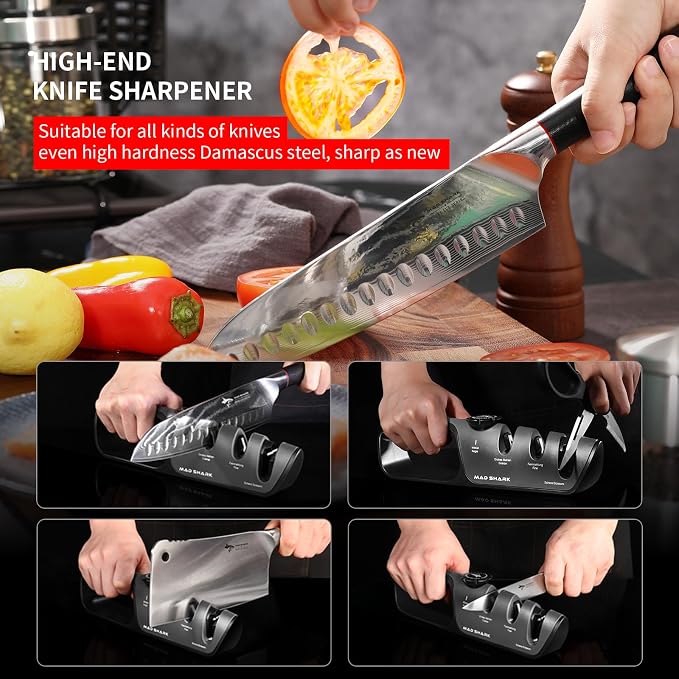 MAD SHARK Knife Sharpener, 6 Adjustable Sharpening Angle, Coarse & Fine Knife Sharpener Tool, Handheld Manual Knives Sharpener for Kitchen Knives, Pocket , Scissors, LARGE, Black