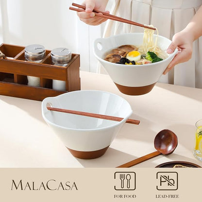 MALACASA Ceramic Ramen Bowl Set – 42 oz, with Wooden Spoon & Chopsticks, Microwave & Oven Safe, Japanese Style Soup Bowls for Ramen, Pho, Noodles – Set of 2, White & Khaki – TARA Series
