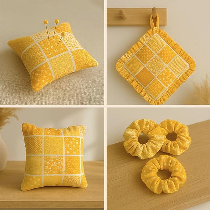 Cotton Satin Patchwork Fabric Panel – 35 Designs, 20×20 cm Squares, Single Piece 150×110 cm, Yellow Patchwork Quilt Fabric (Sunny Bloom Patchwork Set, 35pcs 8x8 inch)