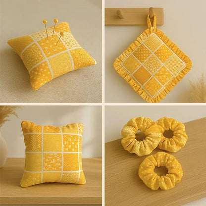 Cotton Satin Patchwork Fabric Panel – 35 Designs, 20×20 cm Squares, Single Piece 150×110 cm, Yellow Patchwork Quilt Fabric (Sunny Bloom Patchwork Set, 35pcs 8x8 inch)