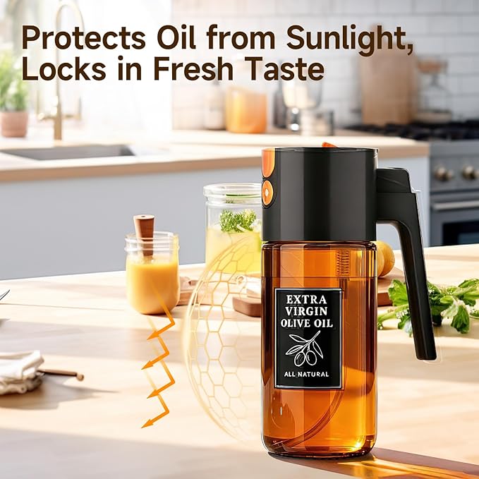 500ml Black Oil Sprayer and Dispenser, 2-in-1 Dark-Tinted Glass Spray Bottle for Air Fryer, BBQ, Salad, Baking, Refillable Oil Mister