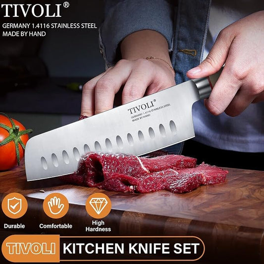 TIVOLI 3 PCS Kitchen Knife Set, High Carbon Stainless Steel Cutlery Knife Set, Ergonomic Wood Handle, Professional Chef Knife Set Gifts For Cooks
