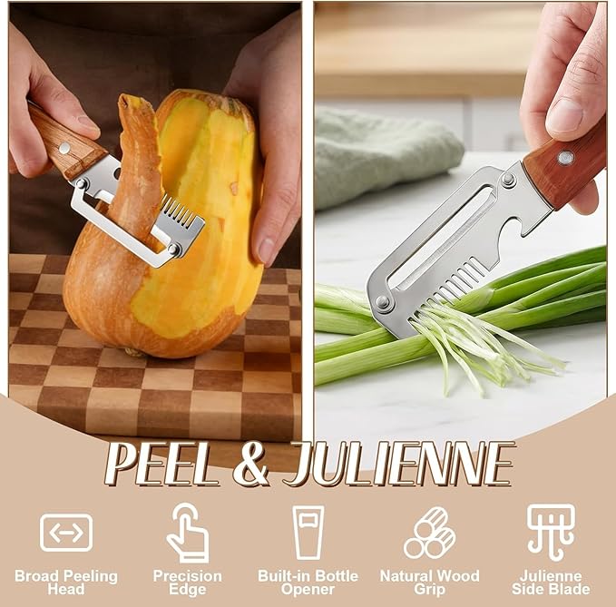 2 PCS Multi-Functional Kitchen Peeler, Professional Kitchen Tool for Chefs Fruit, 3 in 1 Multi Functional Wooden Handle Peeler and Bottle Opener, Kitchen Gadgets for Potato, Carrot, Pumpkin, Apple