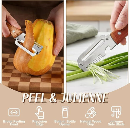2 PCS Multi-Functional Kitchen Peeler, Professional Kitchen Tool for Chefs Fruit, 3 in 1 Multi Functional Wooden Handle Peeler and Bottle Opener, Kitchen Gadgets for Potato, Carrot, Pumpkin, Apple