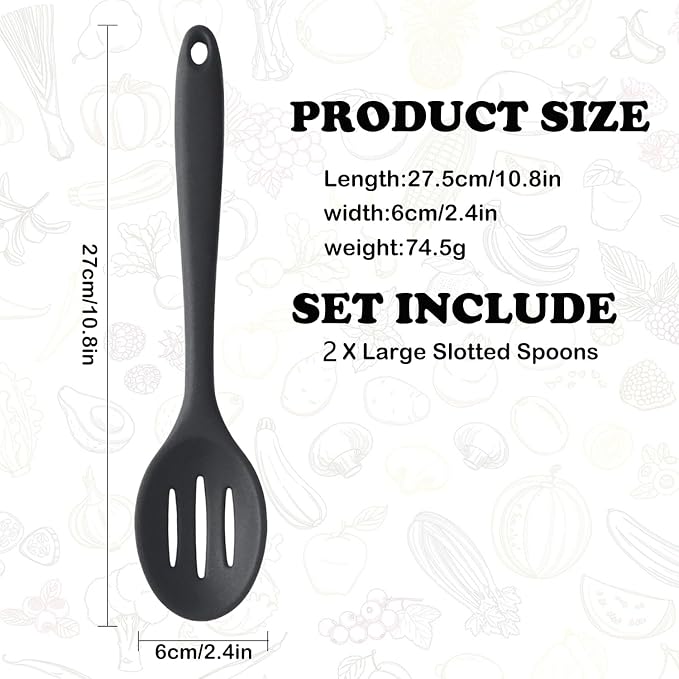 Linwnil 4 Pieces Silicone Slotted Spoons,10.6 Inch Nonstick Mixing Serving Spoons for Kitchen Cooking Bake Stir Draining Tool (2, Black)