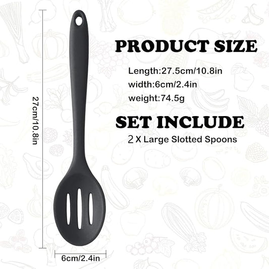 Linwnil 4 Pieces Silicone Slotted Spoons,10.6 Inch Nonstick Mixing Serving Spoons for Kitchen Cooking Bake Stir Draining Tool (2, Black)