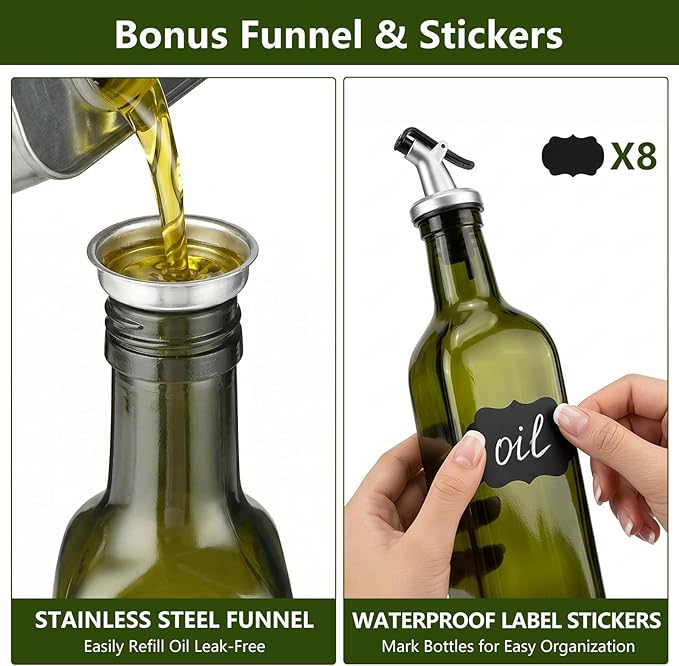 WERTIOO 4Pack Green Olive Oil Dispenser Bottle, 17 OZ Glass Oil Dispenser for Kitchen, 500ml Glass Bottles for Vinegar Oliveoil with Label and Funnel