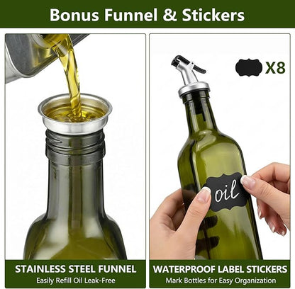 WERTIOO Green Olive Oil Dispenser Bottle,17oz Glass Oil and Vinegar Dispenser for Kitchen, 500ml Glass Bottles for Vinegar Oliveoil with Label and Funnel