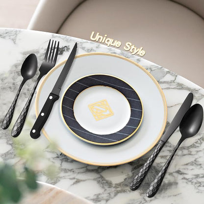 30 Pcs Black Hammered Silverware Set Service for 6,with Steak Knives Stainless Steel Flatware Set,Mirror Cutlery Utensil,Durable Kitchen Tableware,Ripple Teardrop Fork Knife Spoon,Dishwasher Safe