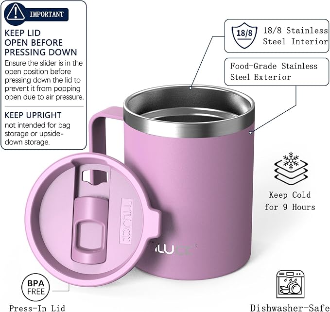 TILUCK 12 oz Insulated Coffee Mug with Lid, Double Wall Vacuum Insulated Travel Mug Cup with Handle for Hot or Cold Drinks（12oz，Matte Lilac）