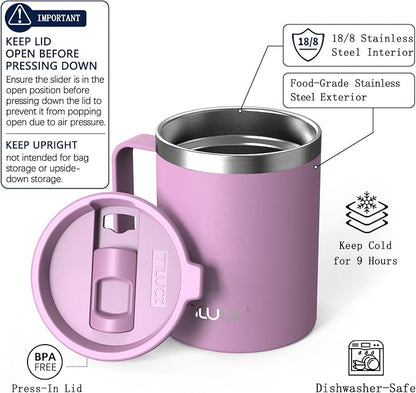 TILUCK 12 oz Insulated Coffee Mug with Lid, Double Wall Vacuum Insulated Travel Mug Cup with Handle for Hot or Cold Drinks（12oz，Matte Lilac）