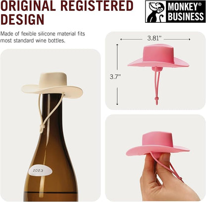 Monkey Business Howdy - 2-Pack Cowboy Hat Wine Stoppers – Fun Silicone Bottle Stoppers Keep Wine Fresh – Novelty Kitchen Gadgets & Cute Wine Accessories (Pink & White)