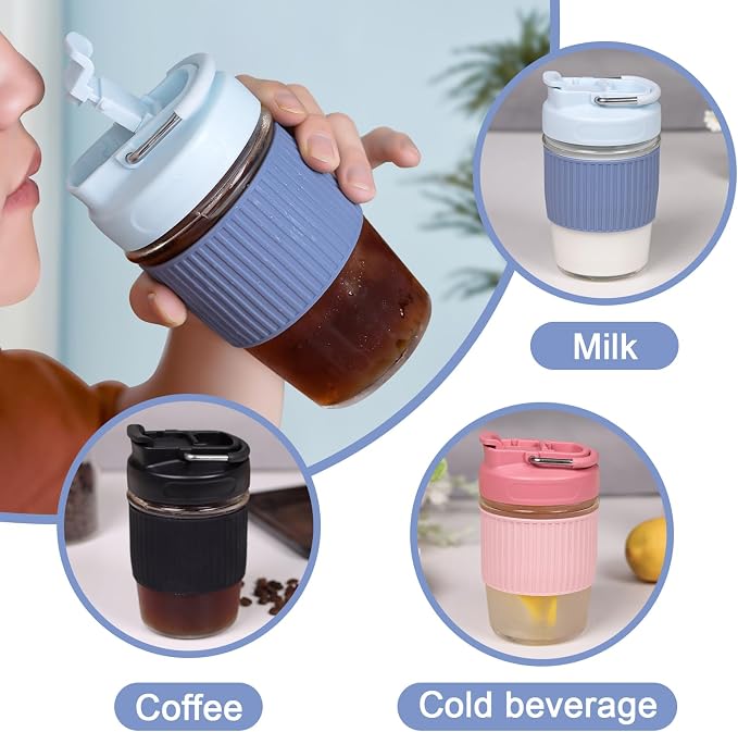 Sivaphe Reusable Glass Coffee Cup 16 oz, Portable Travel Mug with Spill-Proof Lid and Protect Sleeve for Home Office Blue