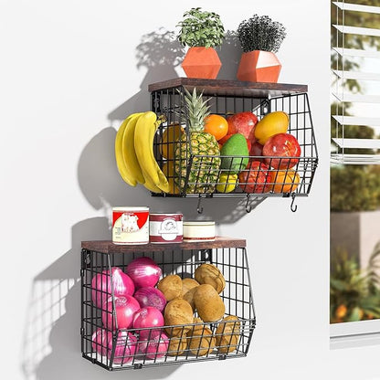Wawocs Fruit Basket for Kitchen Counter 2 Tier Fruit Bowl, Stackable Wall Mounted Hanging Fruit Basket Wire Baskets with Wood Lid with 4 Banana Hanger Hooks, Onion Basket, Fruit and Vegetable Storage