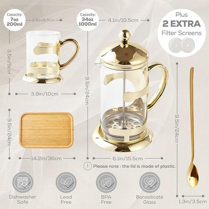 DUJUST Gold French Press Set with 6 Cups & 1 Tray, Luxury Design Coffee Maker Set with 4-Level Filter System, Hot&Cold Resistant Glass French Coffee Press Set, Well Packed, Holiday Gift & Home Décor