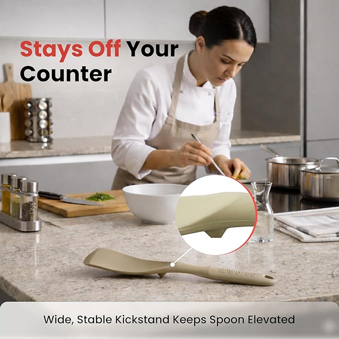 Silicone Spoon Spatula for Cooking - Multifunction Scoop Spatula Spoonula - Heat Resistant Cooking Spoon for Nonstick Cookware - Large Silicone Kitchen Spoon - Seamless Design (Khaki,1pc)