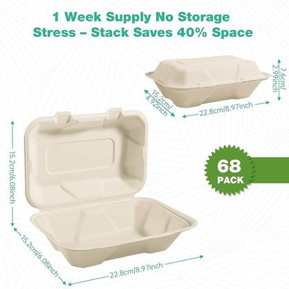 𝟵𝘅𝟲", 𝟲𝟴-𝗣𝗮𝗰𝗸 Clamshell Take Out Food Containers, Compostable Heavy-Duty Disposable Paper Lunch Boxes，Eco-Friendly Biodegradable To Go Containers For Food(Natural)